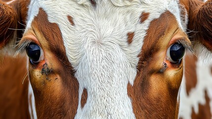 Close-up portrait of a brown and white cow, highlighting its expressive eyes and unique fur patterns.