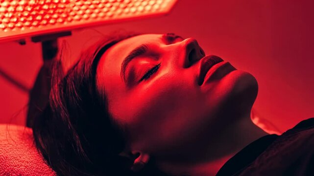 A woman receives a red light therapy treatment, lying down with her eyes closed under a panel of red lights