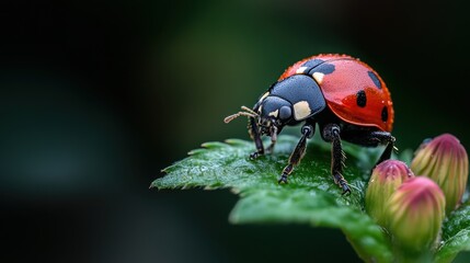 Fototapeta premium Colorful Ladybug on a Green Leaf Macro Shot