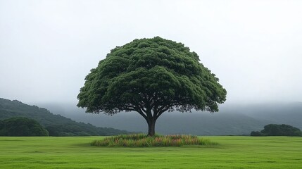 Large tree stands in a field of grass. The sky is overcast and the grass is lush and green