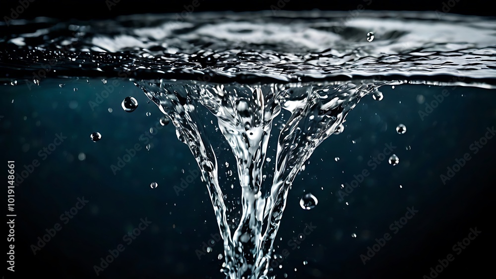 Poster dynamic and abstract photograph capturing the motion of water splashes against a stark black backgro
