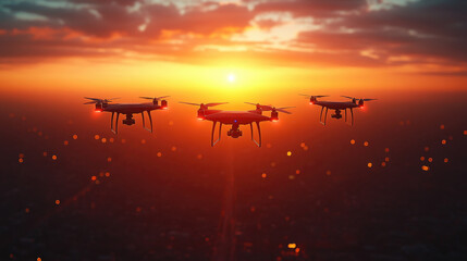 Three drones hover against a vibrant sunset, capturing the beauty of the evening sky while highlighting modern technology in action