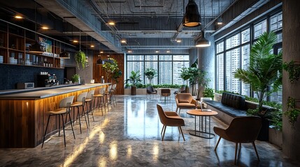Naklejka premium Modern cafe interior with natural light and stylish decoration