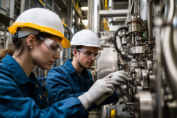 Industrial Workers Inspecting Machinery in a Factory