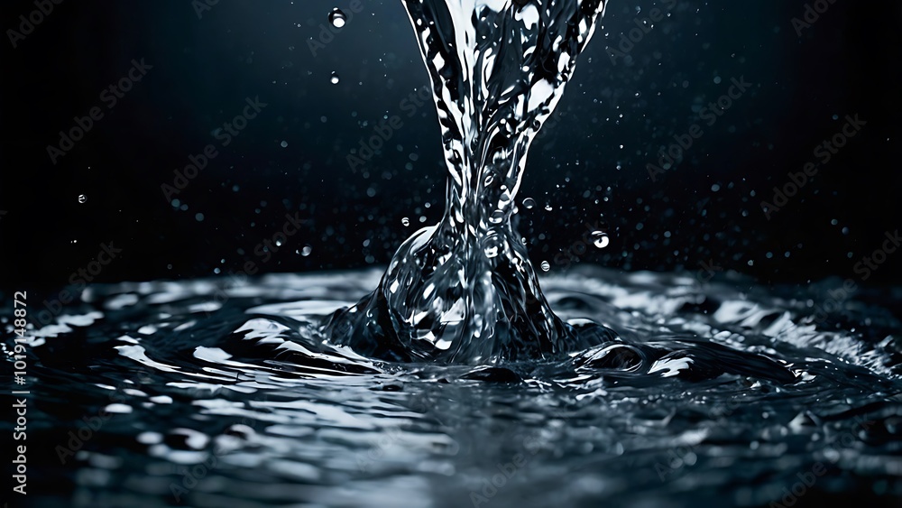 Poster dynamic and abstract photograph capturing the motion of water splashes against a stark black backgro