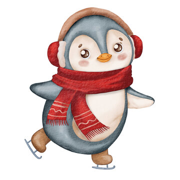 recommend clip art: Cute smiling penguin wearing red scarf, cap and skates. Christmas north animal, watercolor hand painted illustration isolated on background. For designers, decoration, shop, for postcards, wrapping pa