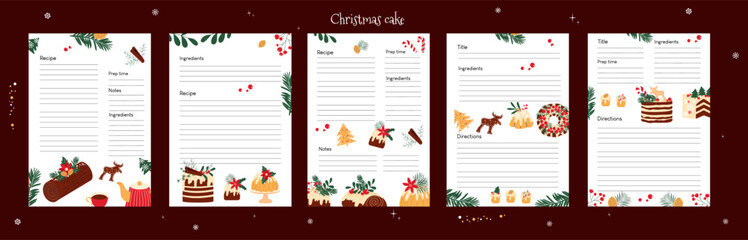 Hand drawn templates for recipe book pages. Vector desigh with Christmas traditional cakes and desserts.
