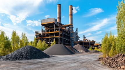 Industrial Scene of a Steel Factory under Blue Sky