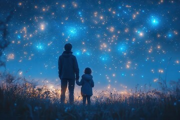 parent and child gazing at a starry night sky with holographic constellations illuminating a captivating mythological story the deep blues and shimmering stars create a magical and serene atmosphere