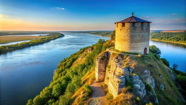 Ancient Bulgarian fortress tower on high cliff overlooking Kama River in Elabuga, Tatarstan, Russian Federation.
