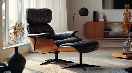 Modern leather armchair with ottoman. Perfect for interior design projects, showcasing comfortable living spaces.