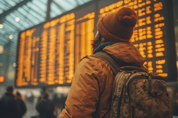 passenger at the airport terminal hand gripping a suitcase focused on departure board conveying the anticipation and excitement of travel