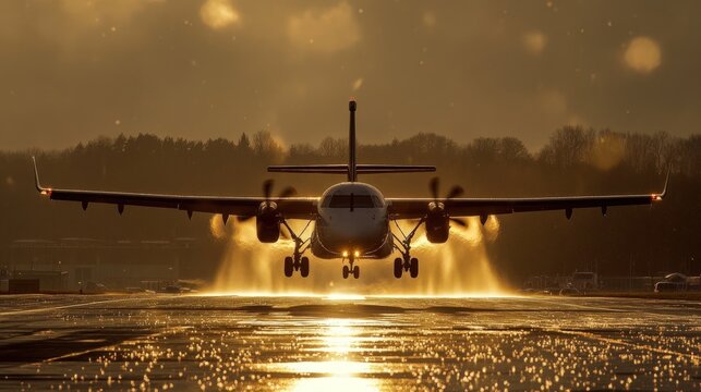 A small passenger plane lands on a runway at sunset, kicking up water and creating a dramatic silhouette.