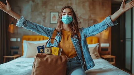 Fototapeta premium Woman in mask excitedly arriving at hotel with travel essentials
