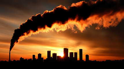 a sunset with black smoke billowing from an industrial plant, symbolizing air pollution and global warming.