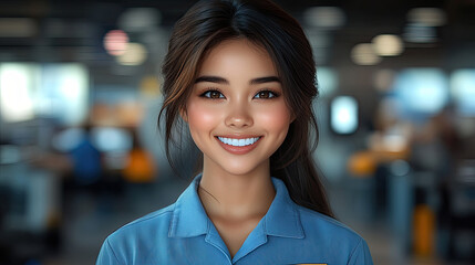 A cheerful woman in a blue uniform stands at an airport, engaging with passengers while the terminal bustles with activity around her