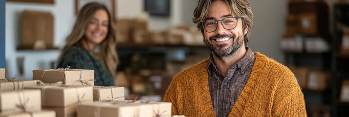 A cheerful man in a warm sweater poses in a packing space filled with neatly wrapped packages, while a woman sorts items in the background