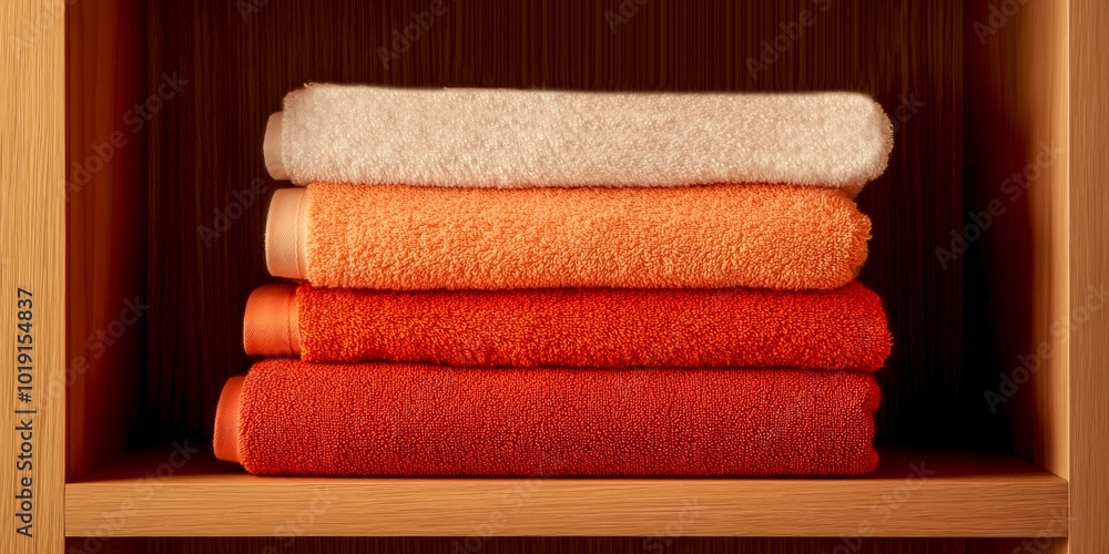 Poster neatly stacked towels create a warm and inviting atmosphere. each towel features a different shade o