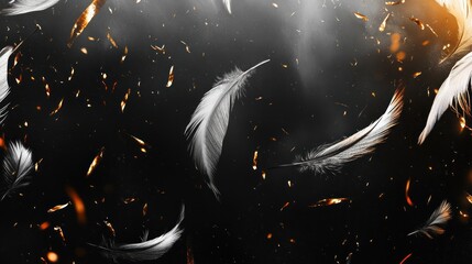 The black background with white feathers and silver particles floating in the air creates a dramatic atmosphere. The smooth texture of the gold layer adds to its enchanting appeal