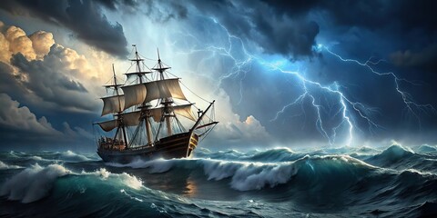 Ancient ship at sea in a lightning storm with high waves aerial view