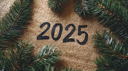 2025 written on burlap fabric, surrounded by pine branches, evoking a natural and rustic holiday theme.