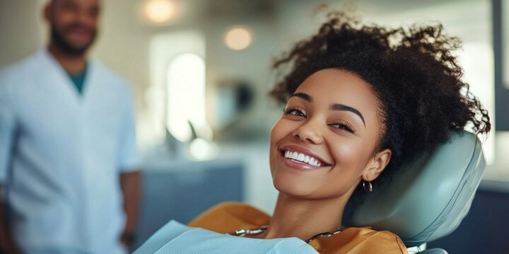A smiling woman in a dental chair, showcasing a positive experience at the dentist. The atmosphere is bright and friendly, encouraging good dental health. 
