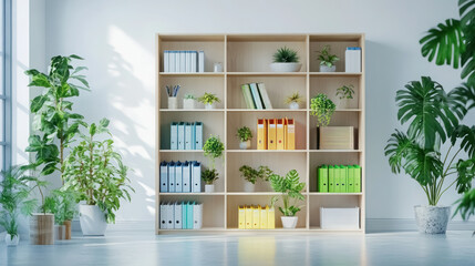Fototapeta premium minimalist office bookshelf with green plants and colorful binders