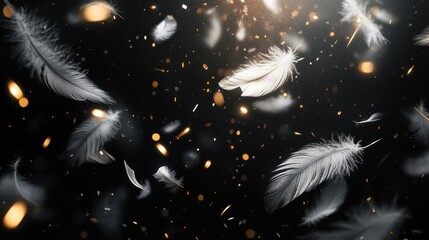 The black background with white feathers and silver particles floating in the air creates a dramatic atmosphere. The smooth texture of the gold layer adds to its enchanting appeal