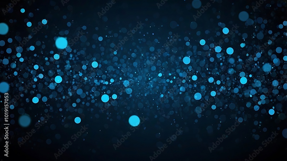 Poster digital abstract background featuring a bokeh effect with a dark blue background filled with numerou