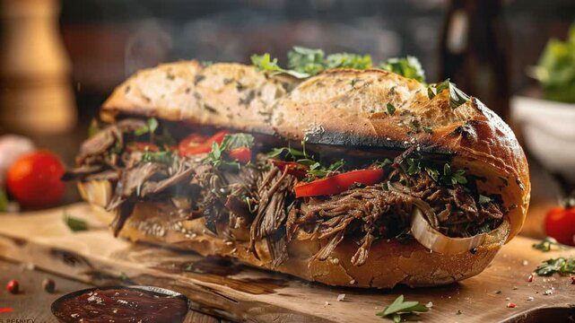 Italian beef sandwich on the table moves with smoke around