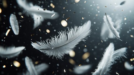 The black background with white feathers and silver particles floating in the air creates a dramatic atmosphere. The smooth texture of the gold layer adds to its enchanting appeal