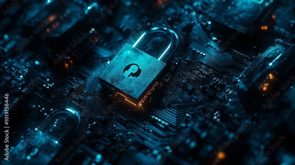 Poster concept of digital padlock for computer system on dark blue background, cyber security technology ag