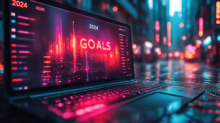 Fototapeta premium A laptop screen showcases 2024 goals in bright colors, set against a reflective, rain-soaked city street at night
