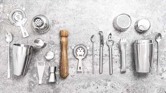 Stainless steel bar tools arranged on concrete surface. Cocktail shaker, strainer, muddler, mixing equipment