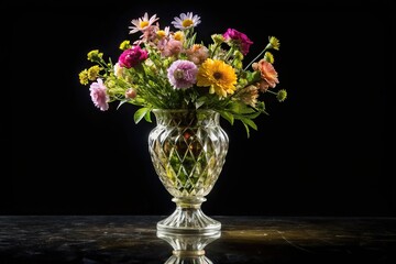 antique crystal vase with a summer bouquet vintage flower vase on black isolated background