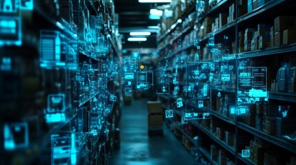 Obraz premium An augmented reality warehouse management system for tracking package pickups and deliveries. It is the future concept of supply chain management and logistics.