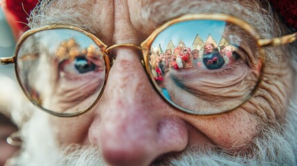 Close-up of santa claus glasses reflecting festive christmas market with cheerful people, happy st. nicholas day, ai
