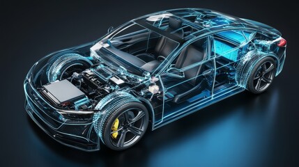 Using a vibrant blue color scheme, a lithium battery pack for an electric car is illustrated with power connections