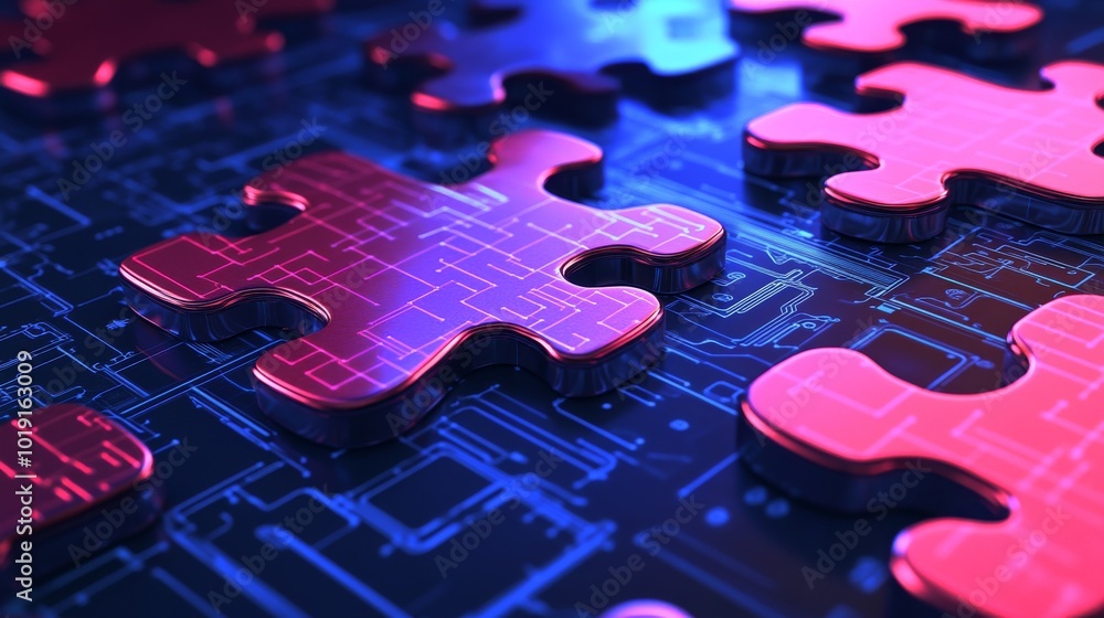 Poster an abstract concept depicting api integration with two interlocking puzzle pieces against a futurist