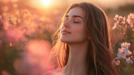 Fototapeta premium Beautiful young woman with long hair in a blooming garden at sunset