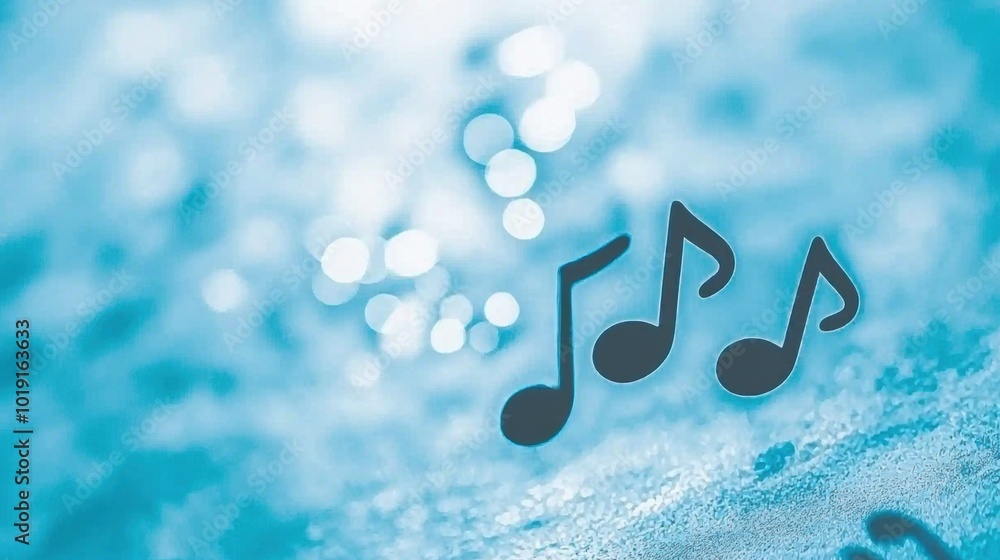 Poster blue background with music notes and bokeh effect