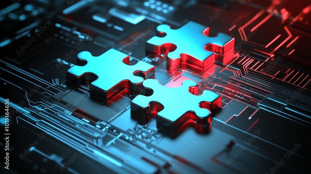 Poster two interlocking puzzle pieces against an abstract, tech-inspired background, symbolizing connectivi