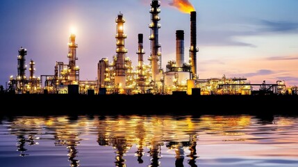 Fototapeta premium Industrial Landscape at Dusk with Smokestacks and Reflections