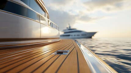 Fototapeta premium Wood decking on a luxury yacht in the background. Yachting concept.