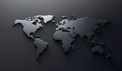 Monochrome 3D world map design with reflective surfaces against a dark background design. Modern mapping technique design