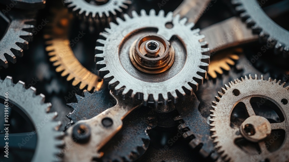 Poster close-up shot of interlocking gears. this image can be used to illustrate concepts of teamwork, coll