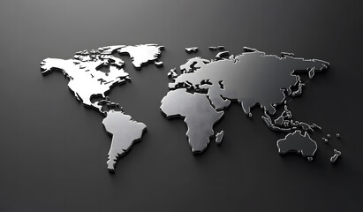 Monochrome 3D world map design with reflective surfaces against a dark background design. Modern mapping technique design
