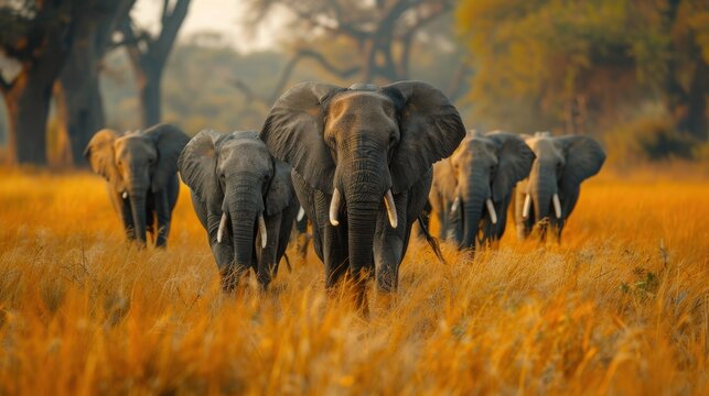 Elephant herd walking in the green season in a Game Reserve in the Tuli Block in Botswana
