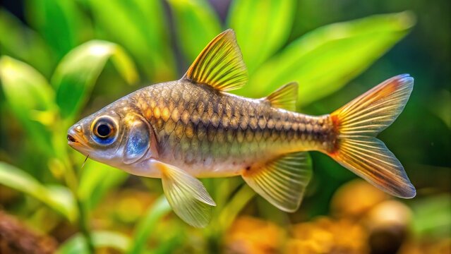 Aquarium tank with plants and fry of Pethia Conchonius barb fish