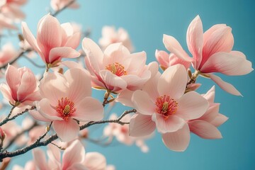 Obraz premium pink magnolia flowers bloom vibrantly against a clear blue sky their delicate petals glowing in the sunlight creating a serene and uplifting springtime scene